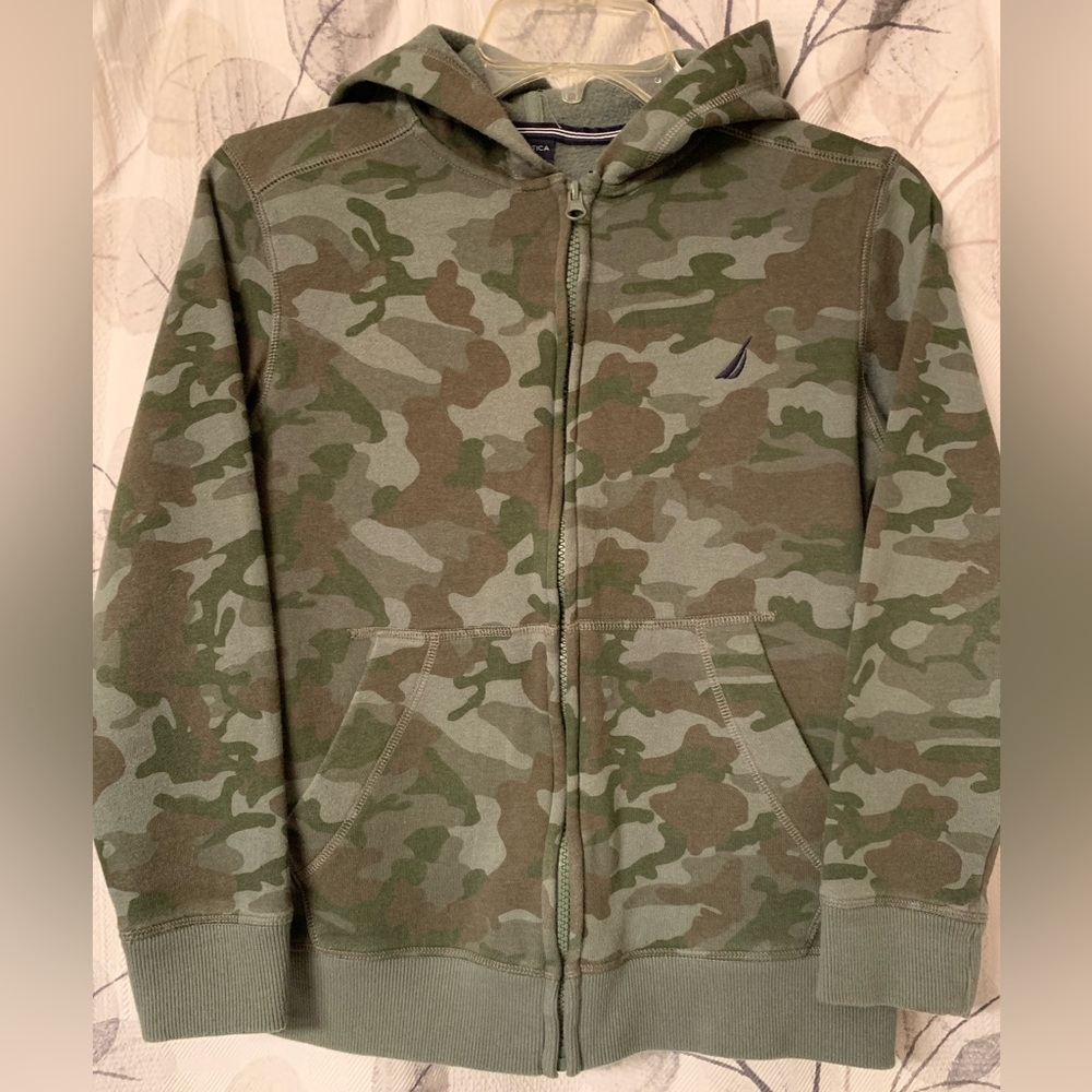 Nautica Boys Medium Green Camouflage Full Zip Up Hoodie Sweatshirt 10/12